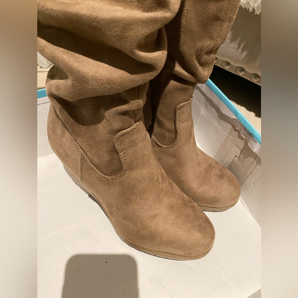 Taupe Faux Suede Slouchy Stacked Wedge Knee High - Picture 8 of 12